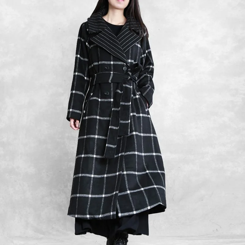 women black plaid woolen overcoat plus size long coats woolen Notched tie waist outwear