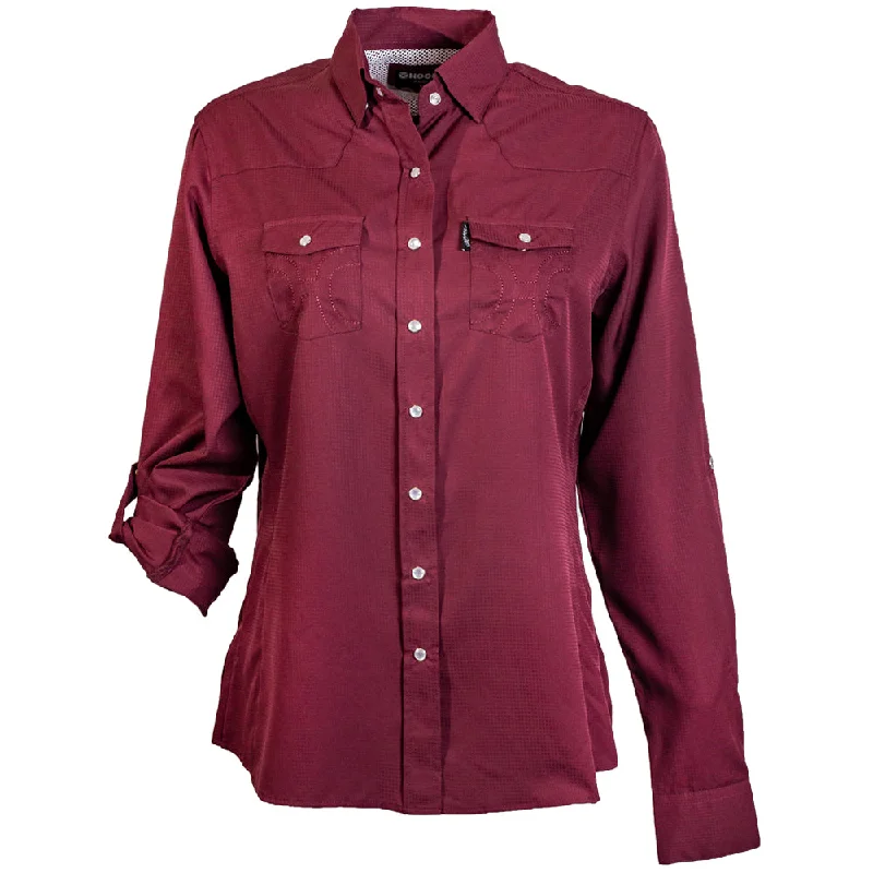 "Sol" Ladies Maroon Long Sleeve Pearl Snap Shirt