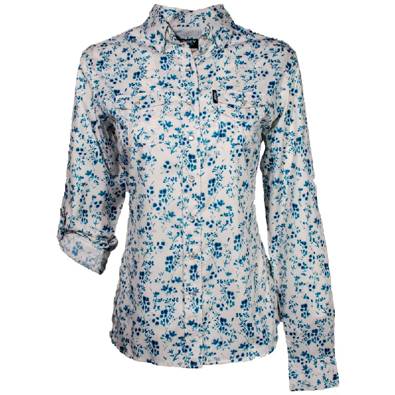 "Sol" Ladies White Floral Pattern Long Sleeve Pearl Snap Shirt