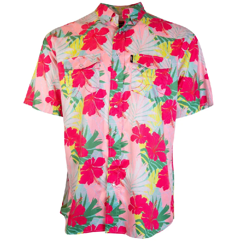 "Sol" Pink/Palm Print Short Sleeve Pearl Snap Shirt