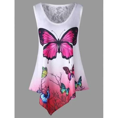 Asymmetrical Butterfly Print Ombre Color Tank Top - White Xl