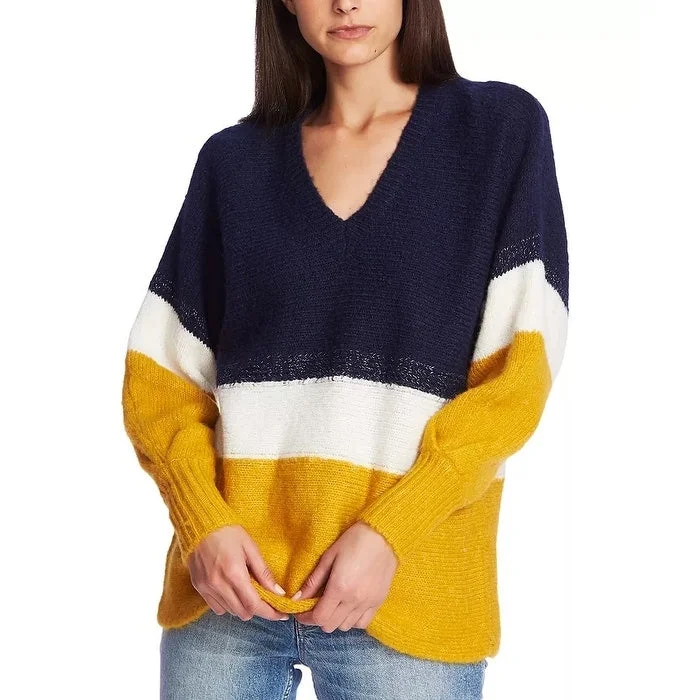 1.STATE Women's Color Block Long Sleeve V Neck Sweater Blue