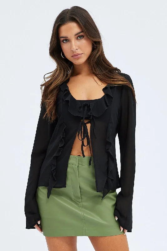 Black Tie Front Top Long Sleeve V Neck Ruffled Frills