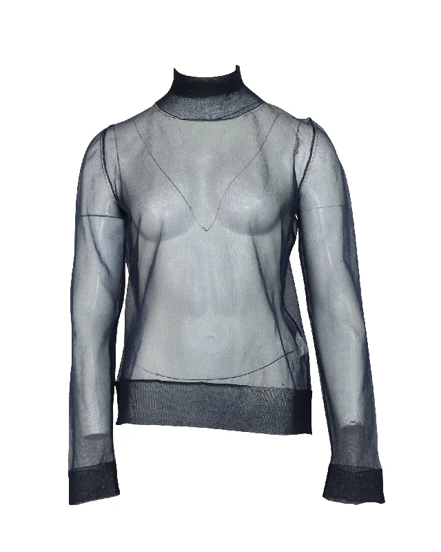 Emilio Pucci Mesh Turtleneck Top in Navy Blue Polyamide