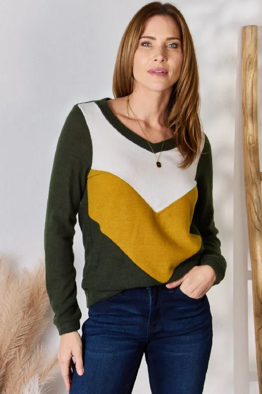 Full Size Colorblock V-Neck Blouse