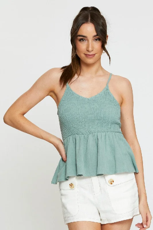 Green Peplum Top Sleeveless V-Neck