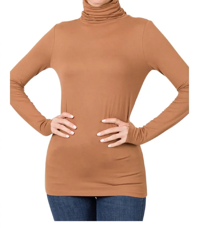 Luxe Rayon Turtleneck Top In Deep Camel