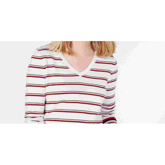 Tommy Hilfiger Women's Cotton Striped V Neck Sweater White Size Small