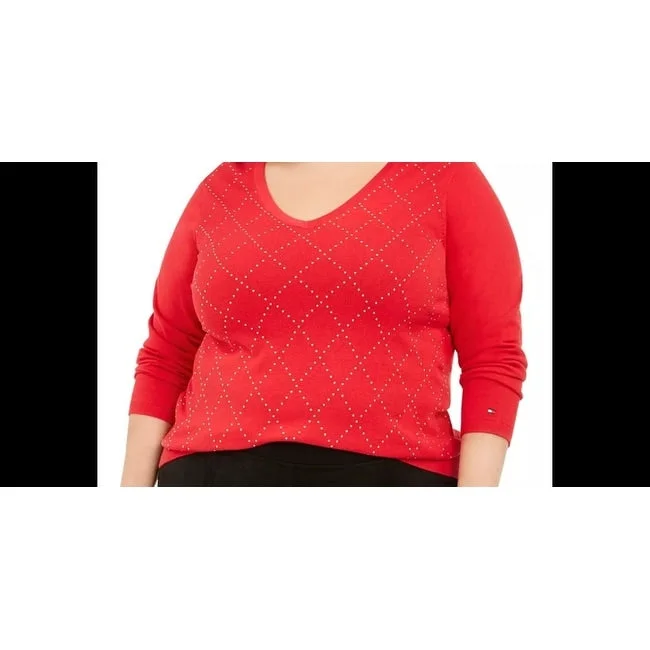 Tommy Hilfiger Women's Plus Cotton V Neck Sweater Red Size 2X