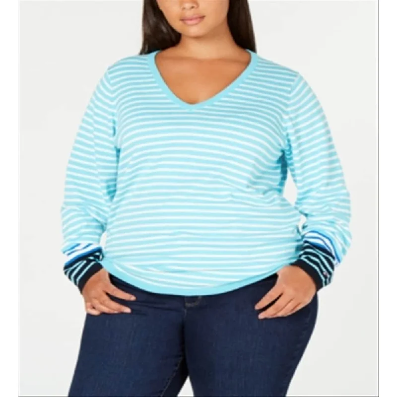 Tommy Hilfiger Women's Plus Striped V-Neck Sweater Blue Size 1X