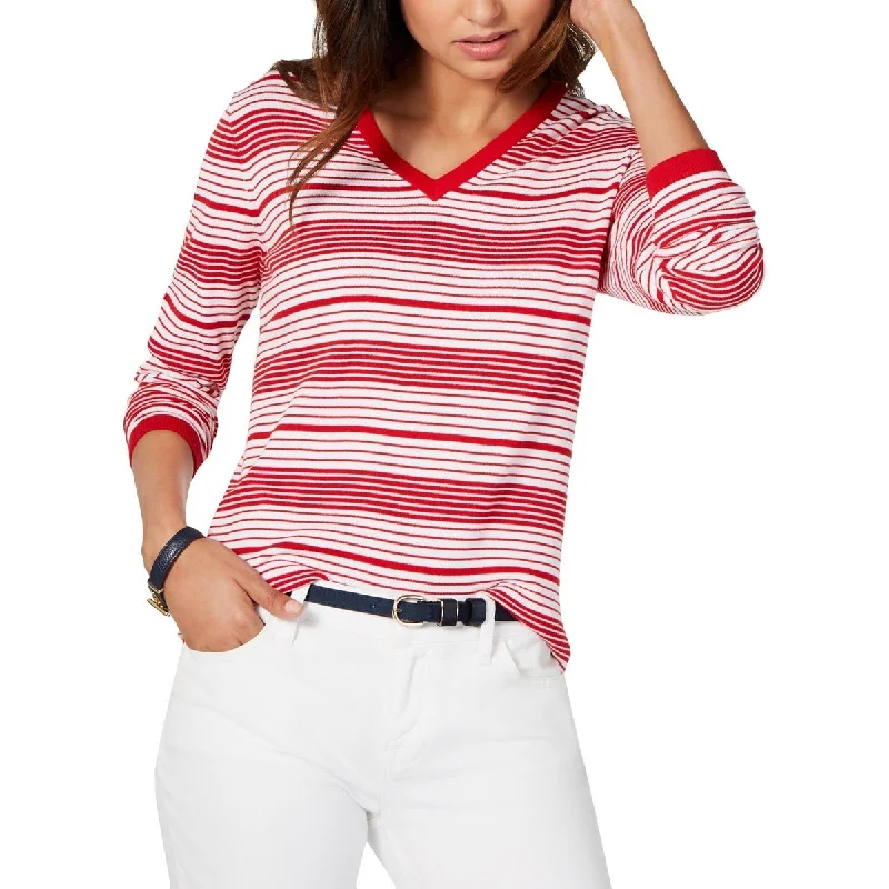 Tommy Hilfiger Women's Striped Cotton V Neck Sweater Red Size X-Large