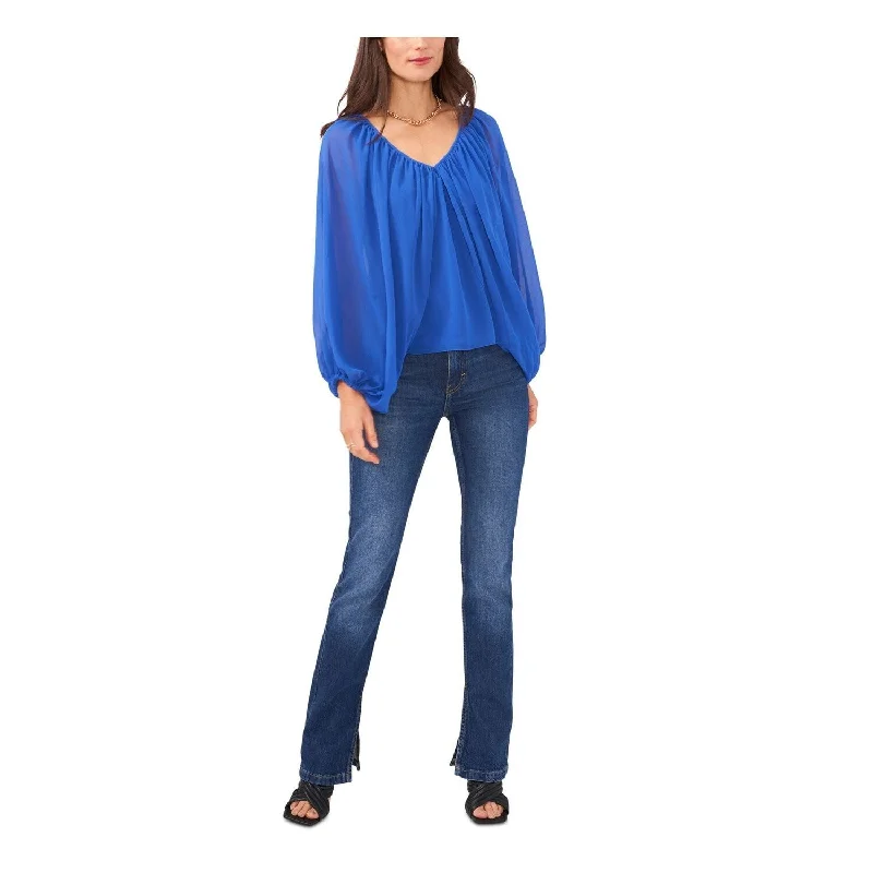 Vince Camuto Women's Sheer Cape Like Long Sleeves V Neck Top Blue Size Large