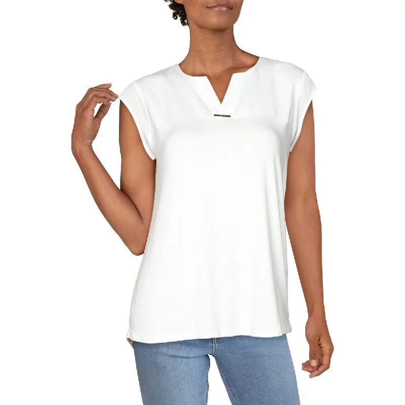 Womens Mixed Media V-Neck Top