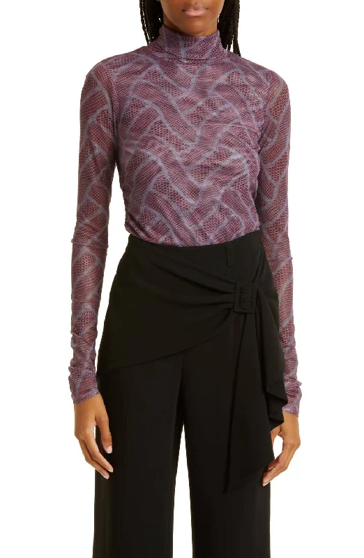 Fishnet Turtleneck Top In Calla Lily/lilac