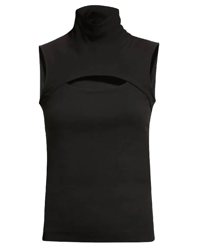 Sleevless Cutout Turtleneck Top In Black