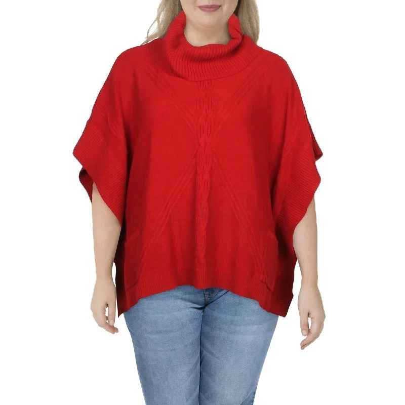 Anne Klein Women's Cableknit Turtleneck Poncho Red Size 34X16