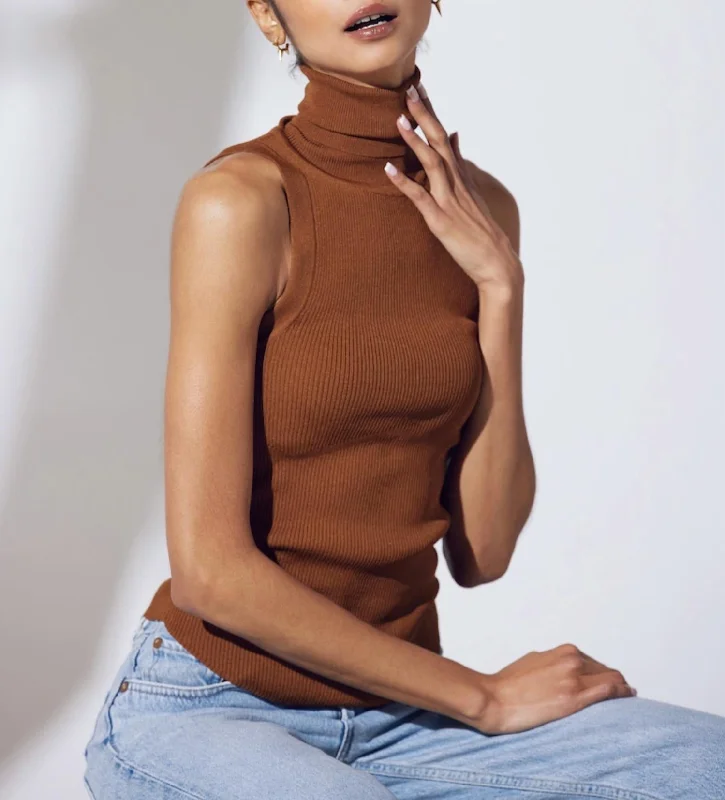 Noon Ribbed Modal-Blend Jersey Sleeveless Turtleneck Top In Chocolate